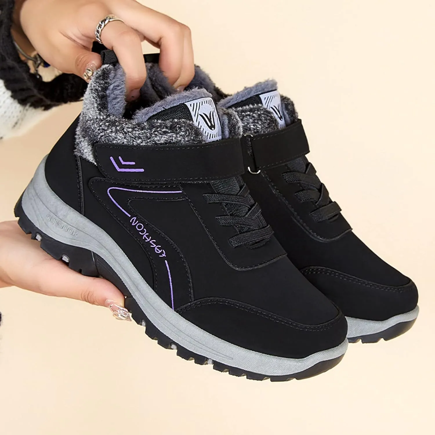 Ankle Boot for Women Fur Lined Lace Up Snow Boots Waterproof Hiking Booties Leather Comfortable Winter Shoes 2022 Casual Boots
