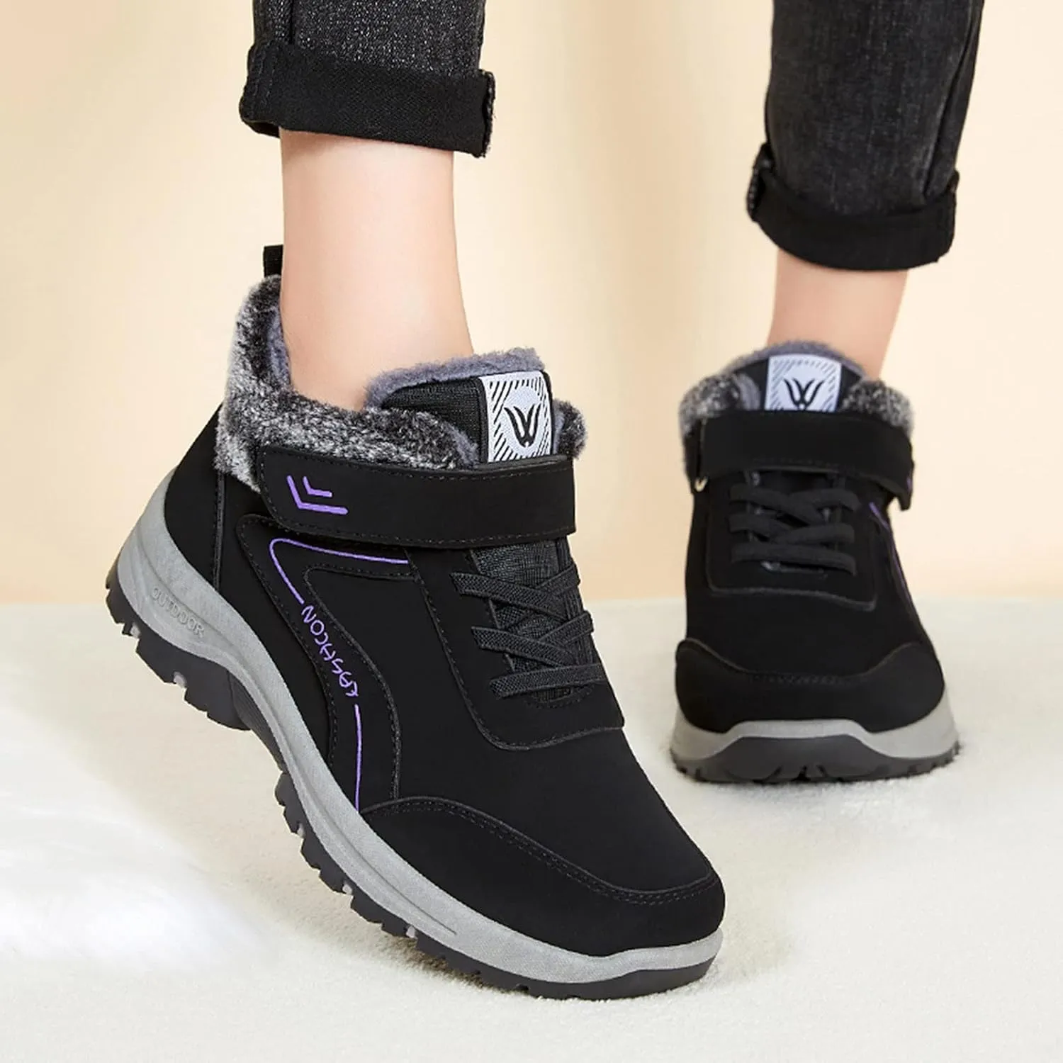 Ankle Boot for Women Fur Lined Lace Up Snow Boots Waterproof Hiking Booties Leather Comfortable Winter Shoes 2022 Casual Boots