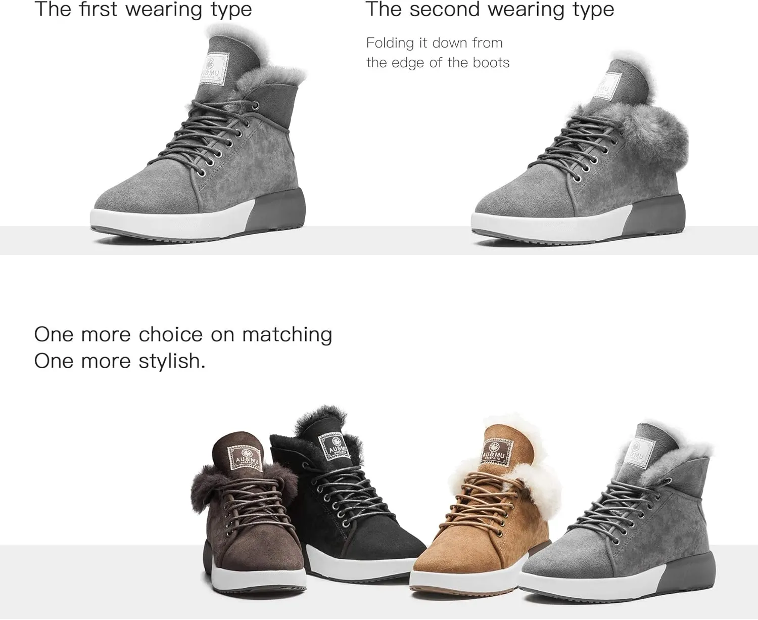 AU&MU Sheepskin Taurus Series Couple Adjustable Short Fur Wool Ankle Snow Winter Boots