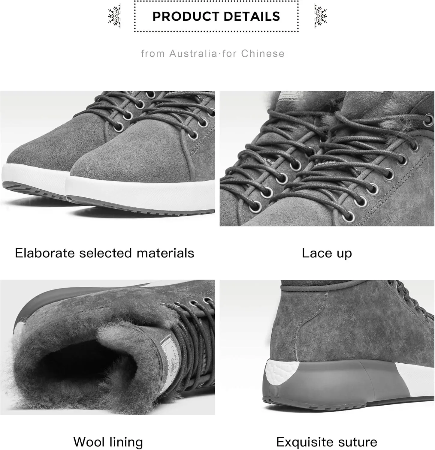 AU&MU Sheepskin Taurus Series Couple Adjustable Short Fur Wool Ankle Snow Winter Boots