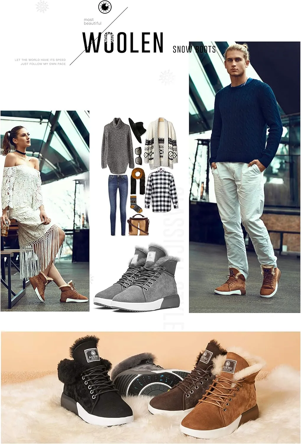 AU&MU Sheepskin Taurus Series Couple Adjustable Short Fur Wool Ankle Snow Winter Boots