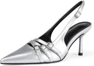 baobeijiadao Womens Slingback Stiletto Heels Pointed Toe Slip On Pumps Closed Toe Heeled Sandals Patent Leather Dress Shoes for Women