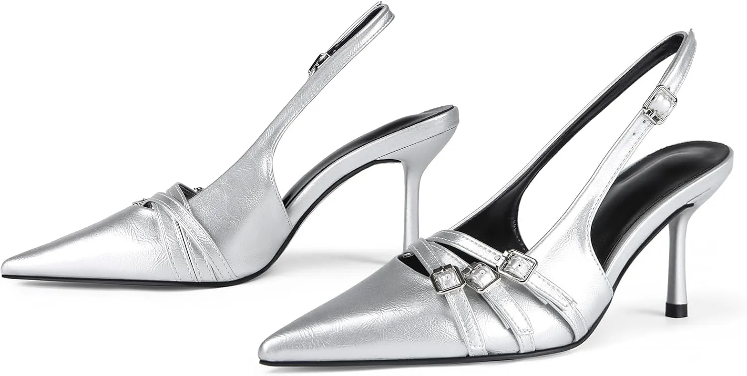 baobeijiadao Womens Slingback Stiletto Heels Pointed Toe Slip On Pumps Closed Toe Heeled Sandals Patent Leather Dress Shoes for Women