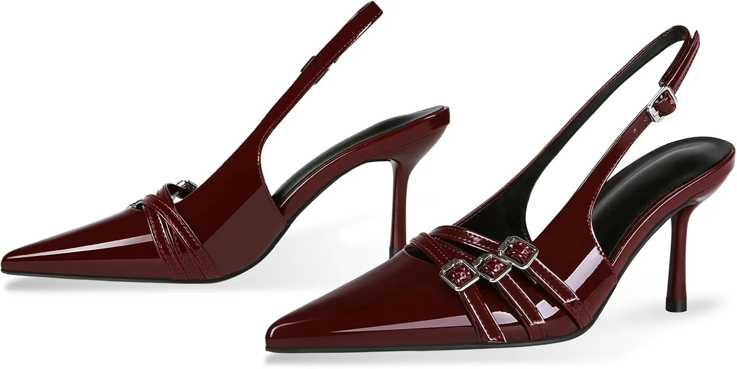 baobeijiadao Womens Slingback Stiletto Heels Pointed Toe Slip On Pumps Closed Toe Heeled Sandals Patent Leather Dress Shoes for Women
