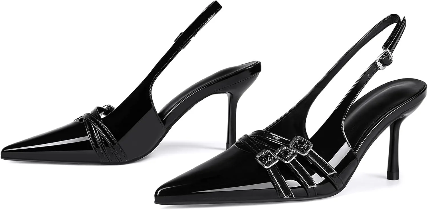 baobeijiadao Womens Slingback Stiletto Heels Pointed Toe Slip On Pumps Closed Toe Heeled Sandals Patent Leather Dress Shoes for Women
