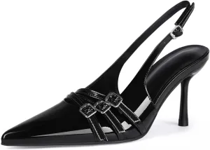 baobeijiadao Womens Slingback Stiletto Heels Pointed Toe Slip On Pumps Closed Toe Heeled Sandals Patent Leather Dress Shoes for Women