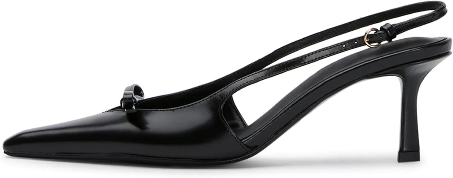 Bow Slingback Heels for Women Closed Pointed Toe Backless Stiletto Heeled Sandals Patent Pumps Wedding Dress Party Shoes With Buckle Strap