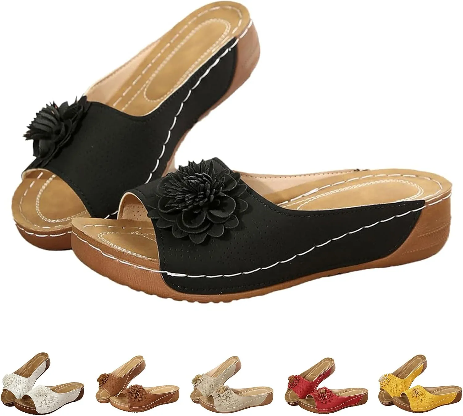 Chic Flowers Orthopedic Sandals for Women Dressy 2025 Arch Support Fish Mouth Open Toe Leather Slippers Wedge Platform Sandal