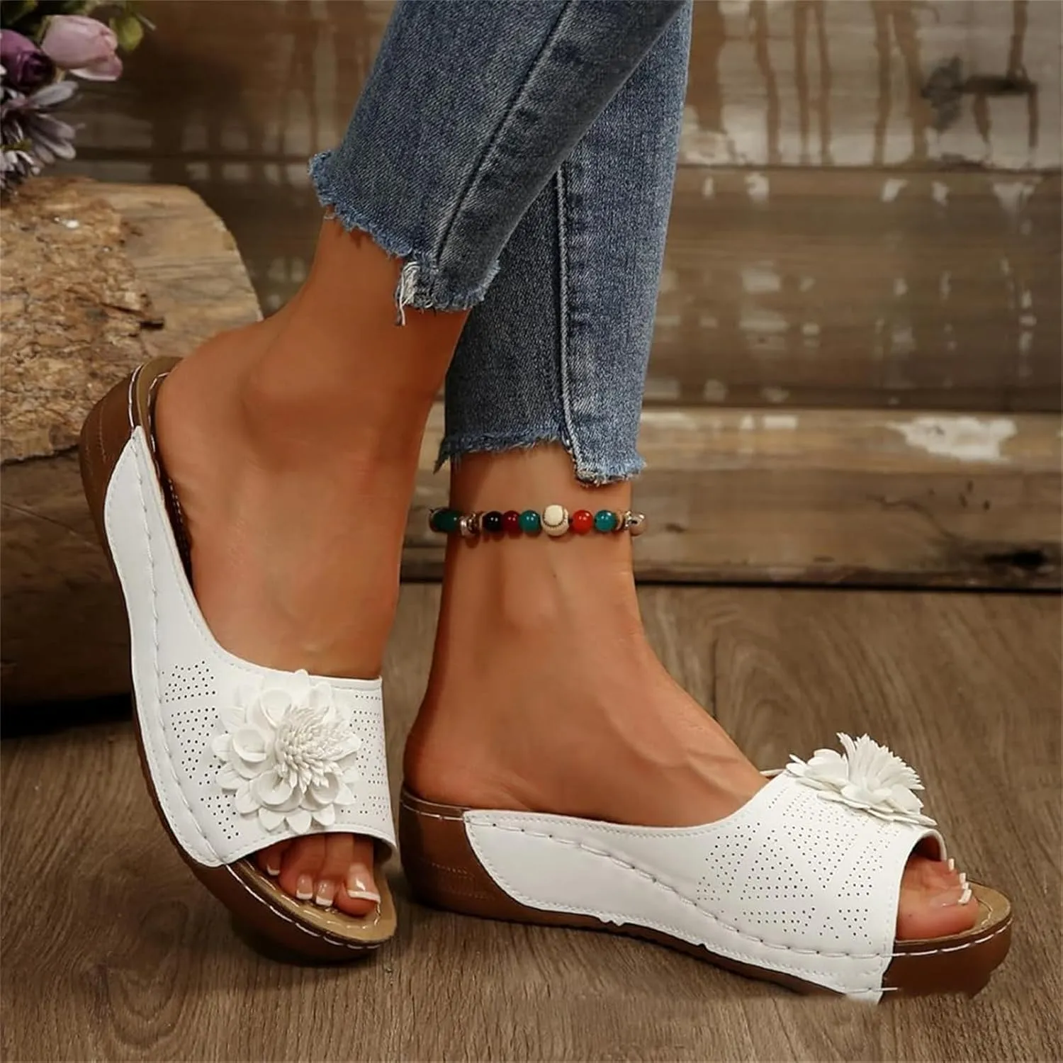Chic Flowers Orthopedic Sandals for Women Dressy 2025 Arch Support Fish Mouth Open Toe Leather Slippers Wedge Platform Sandal