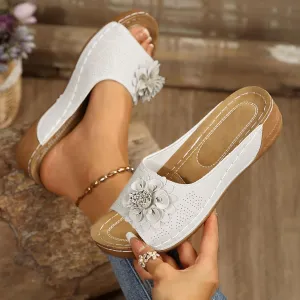 Chic Flowers Orthopedic Sandals for Women Dressy 2025 Arch Support Fish Mouth Open Toe Leather Slippers Wedge Platform Sandal