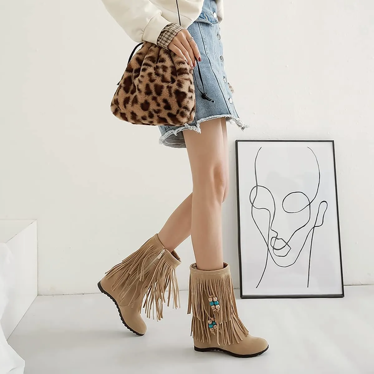 Ciuyurra Casual Fringe Boots Mid Calf Wedge Heels Booties Wide Calf