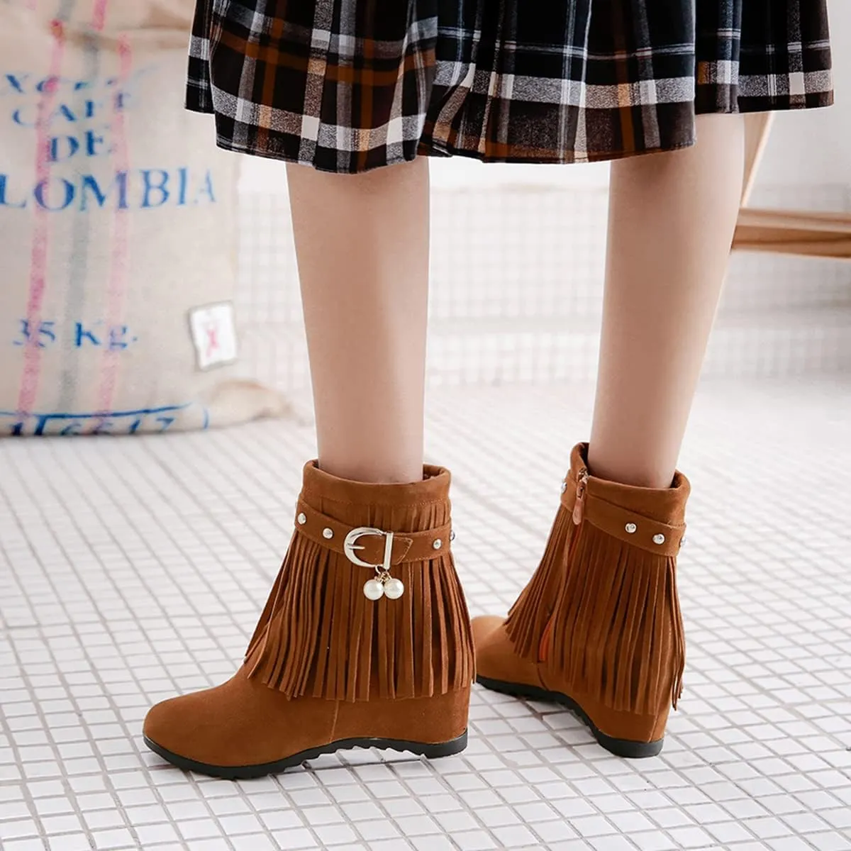 Ciuyurra Casual Fringe Boots Mid Calf Wedge Heels Booties Wide Calf