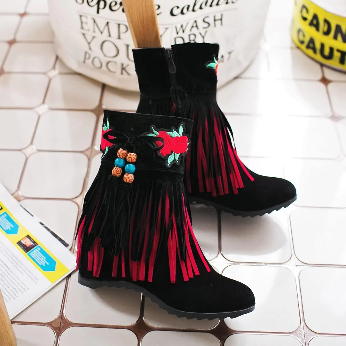 Ciuyurra Casual Fringe Boots Mid Calf Wedge Heels Booties Wide Calf