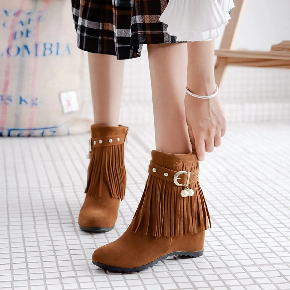 Ciuyurra Casual Fringe Boots Mid Calf Wedge Heels Booties Wide Calf