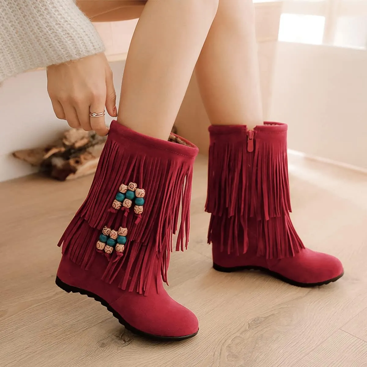 Ciuyurra Casual Fringe Boots Mid Calf Wedge Heels Booties Wide Calf