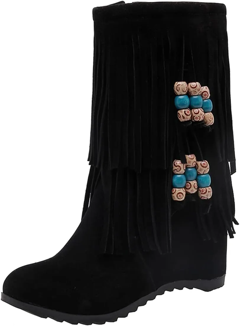 Ciuyurra Casual Fringe Boots Mid Calf Wedge Heels Booties Wide Calf