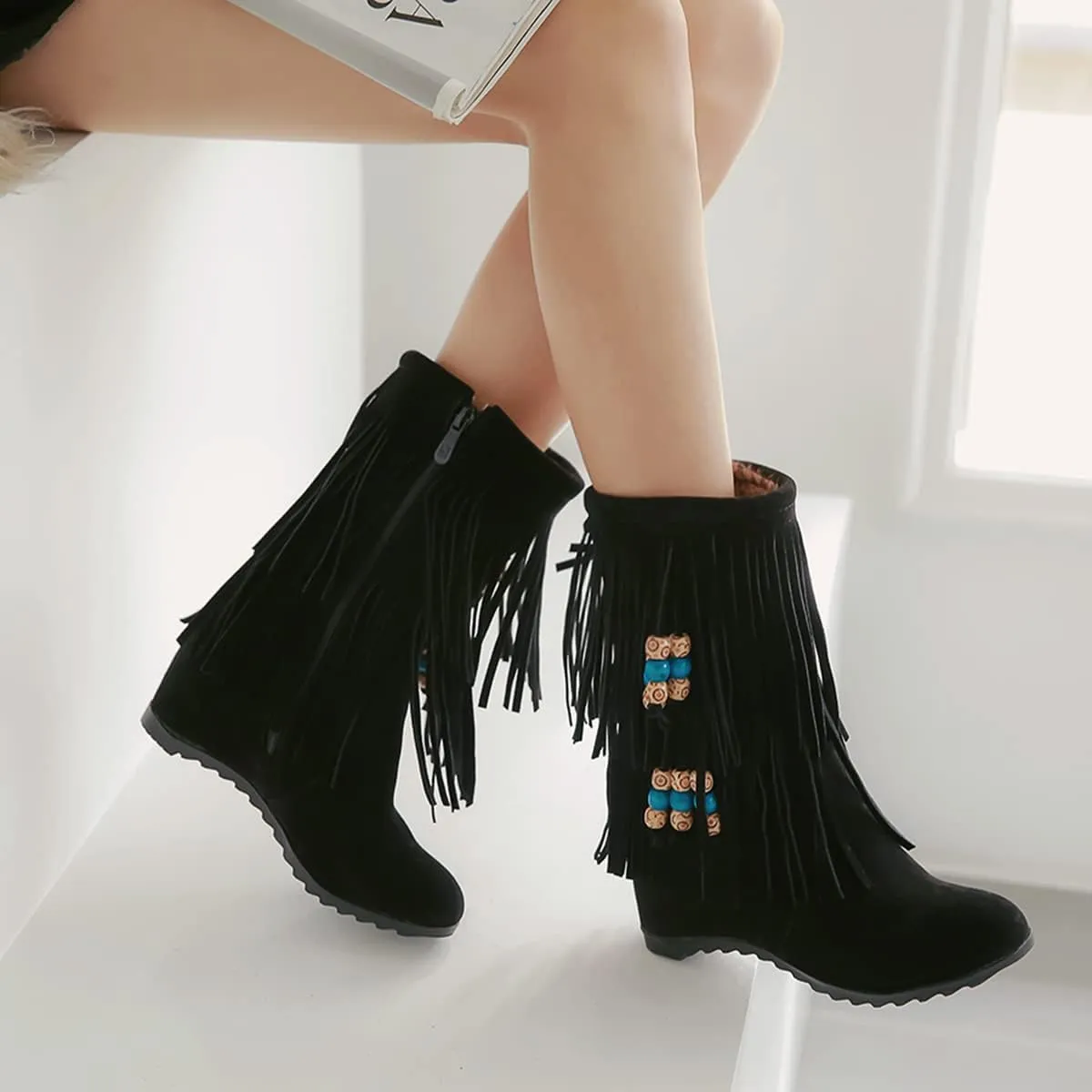 Ciuyurra Casual Fringe Boots Mid Calf Wedge Heels Booties Wide Calf
