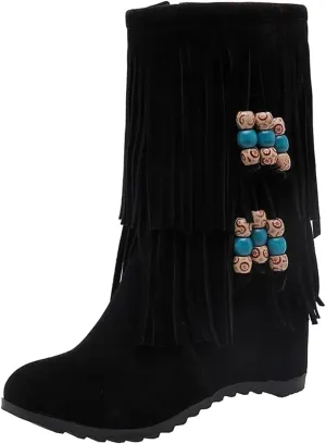 Ciuyurra Casual Fringe Boots Mid Calf Wedge Heels Booties Wide Calf