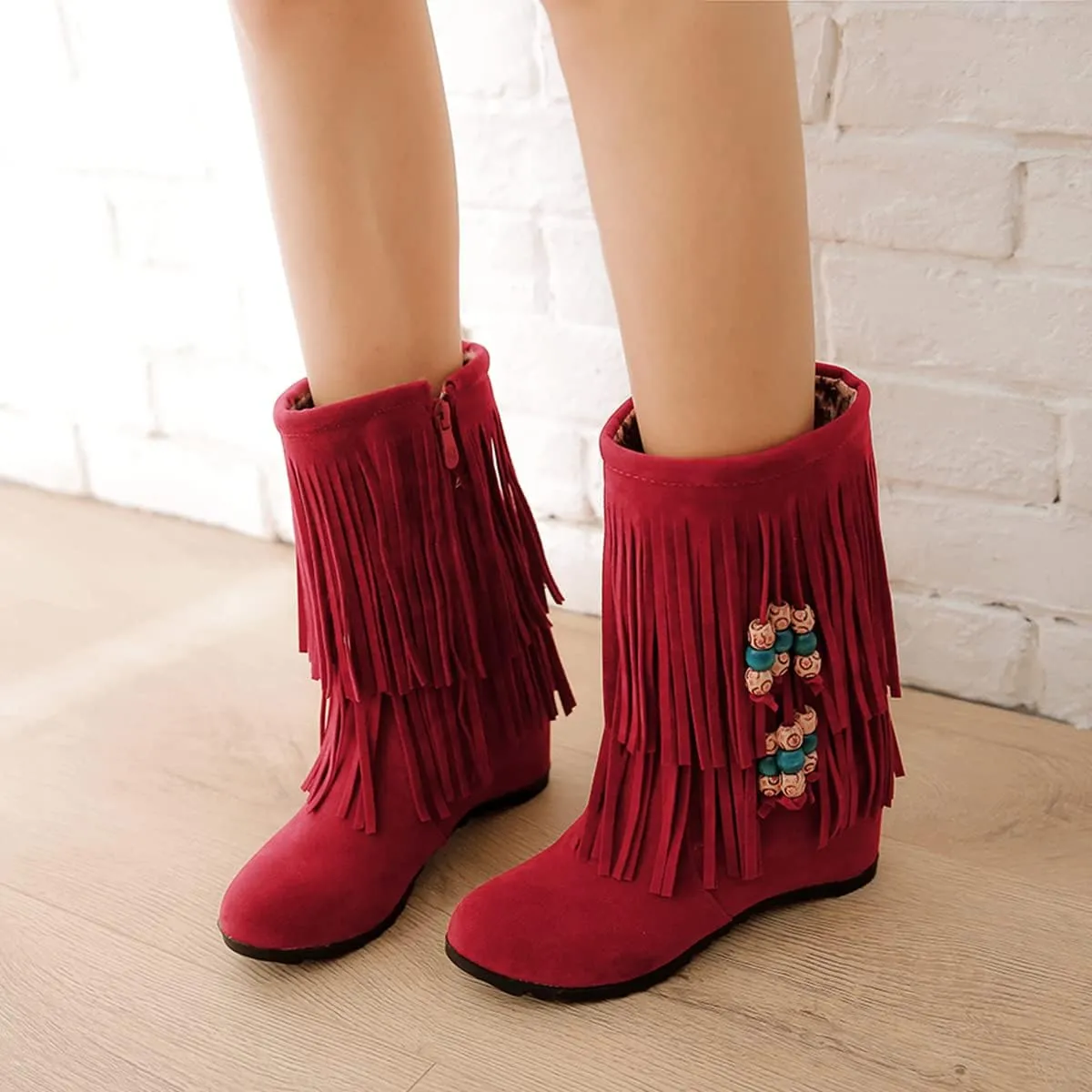 Ciuyurra Casual Fringe Boots Mid Calf Wedge Heels Booties Wide Calf