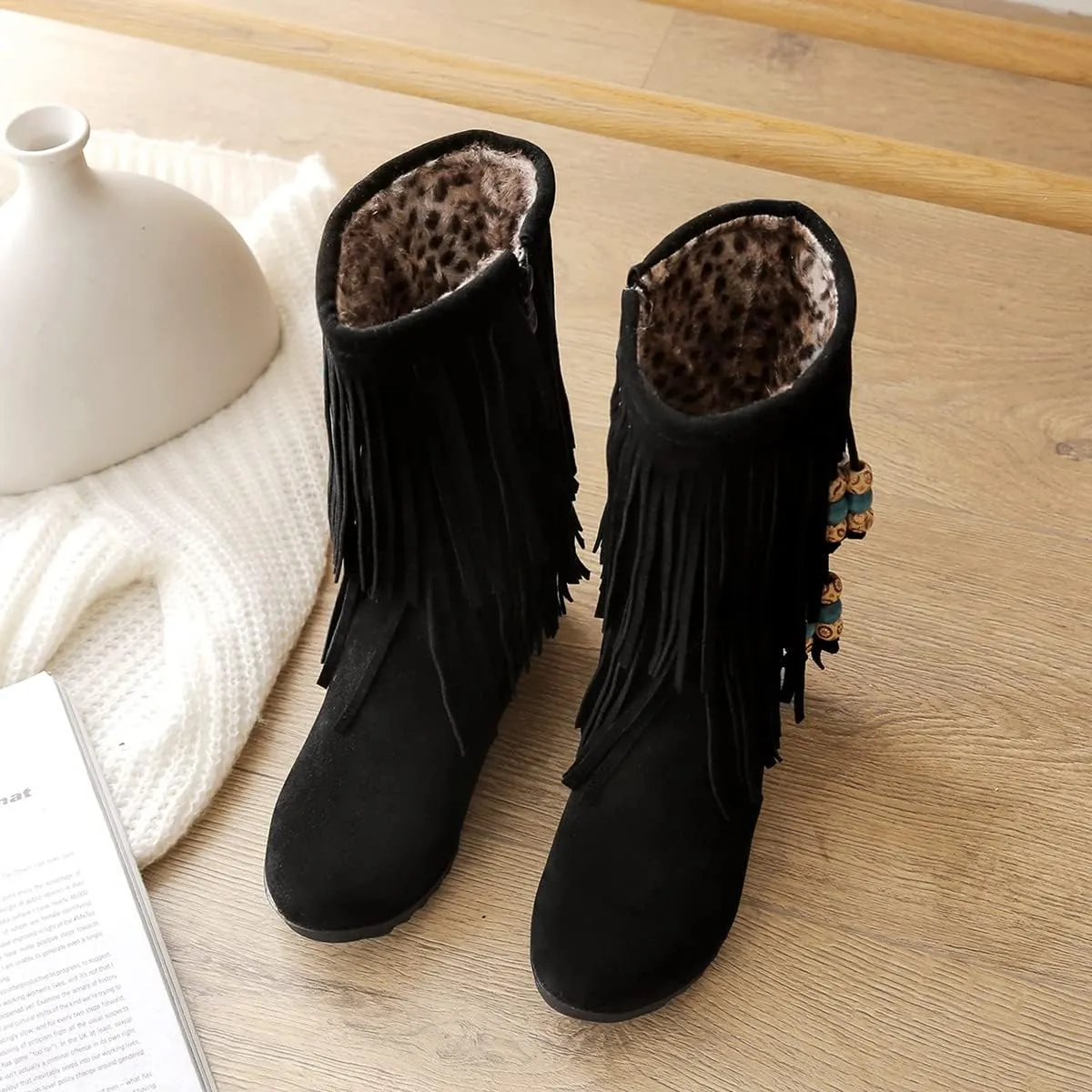 Ciuyurra Casual Fringe Boots Mid Calf Wedge Heels Booties Wide Calf
