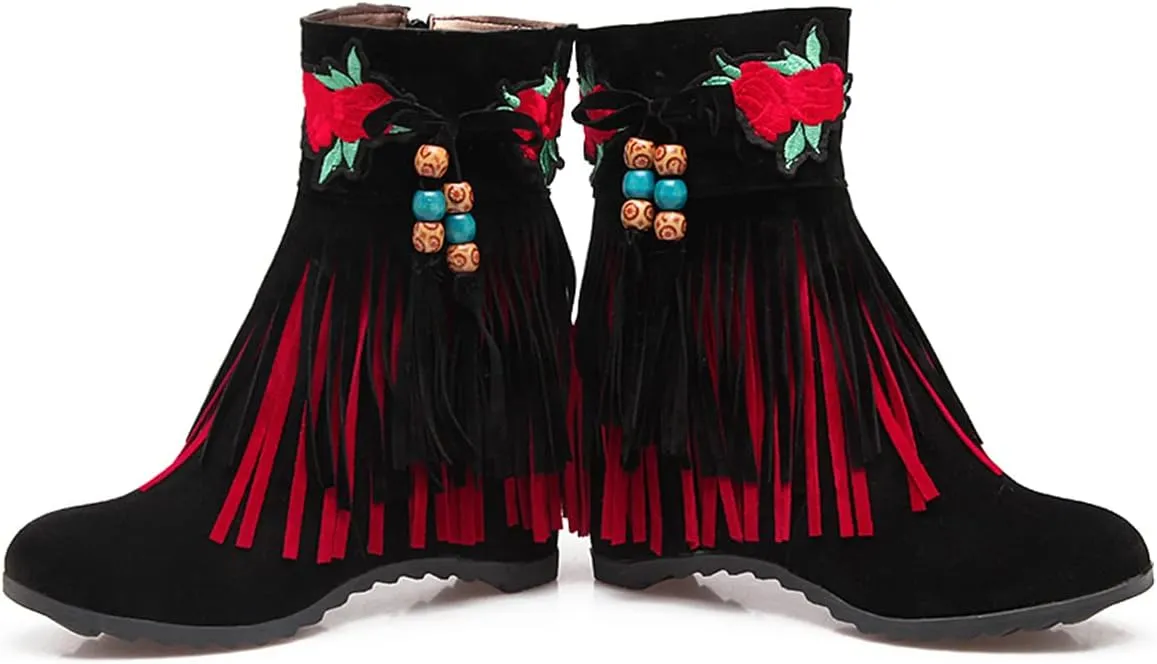 Ciuyurra Casual Fringe Boots Mid Calf Wedge Heels Booties Wide Calf