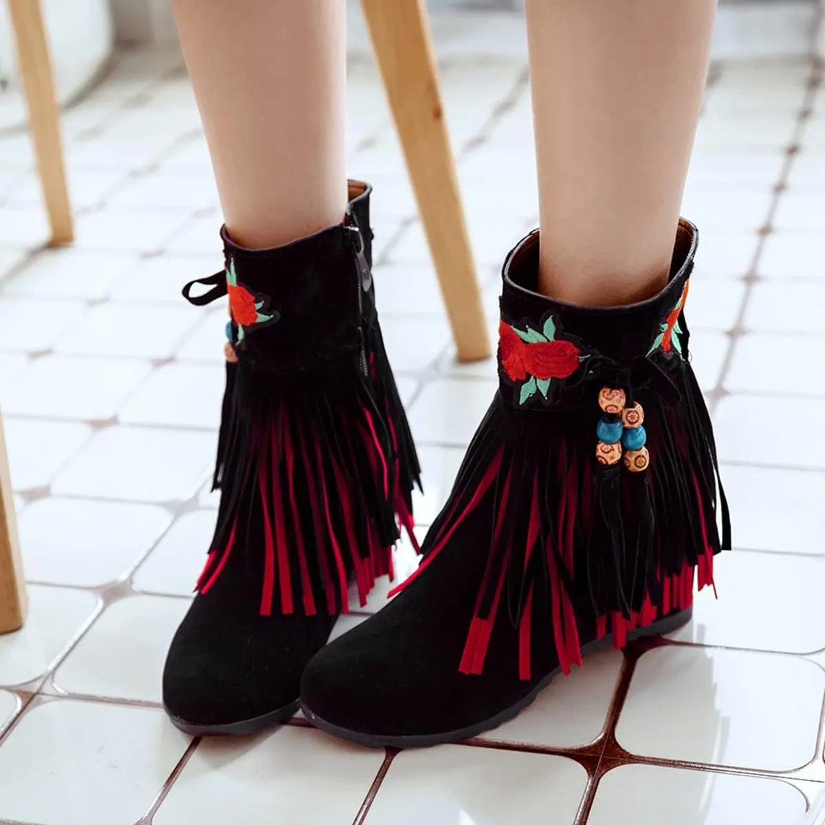 Ciuyurra Casual Fringe Boots Mid Calf Wedge Heels Booties Wide Calf