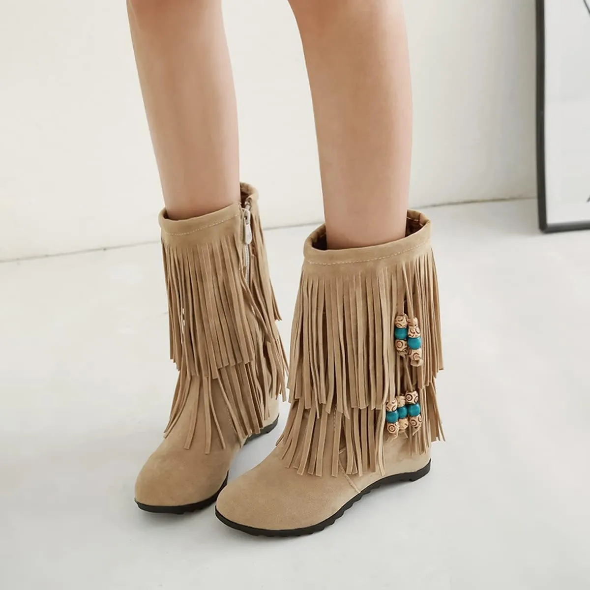 Ciuyurra Casual Fringe Boots Mid Calf Wedge Heels Booties Wide Calf