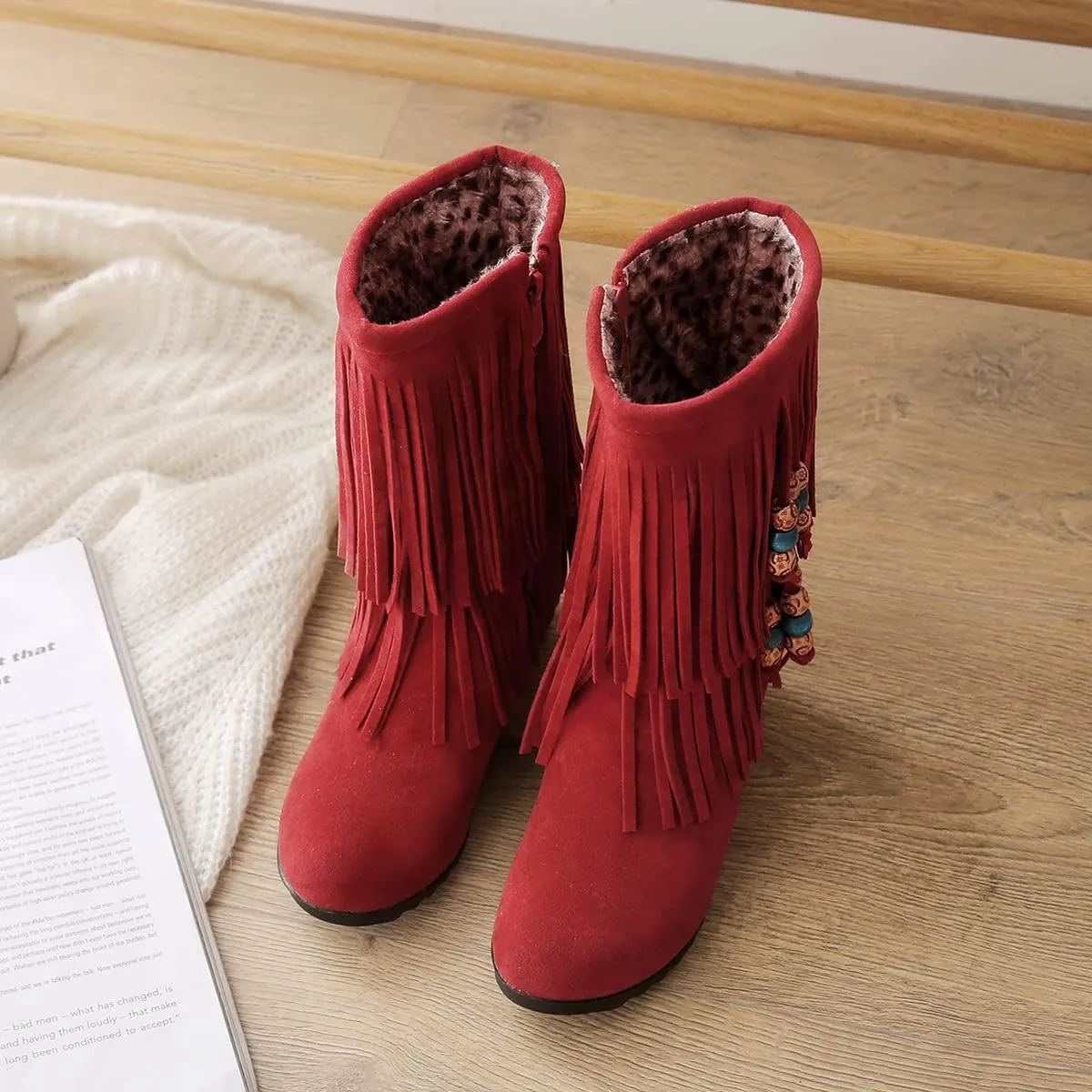 Ciuyurra Casual Fringe Boots Mid Calf Wedge Heels Booties Wide Calf