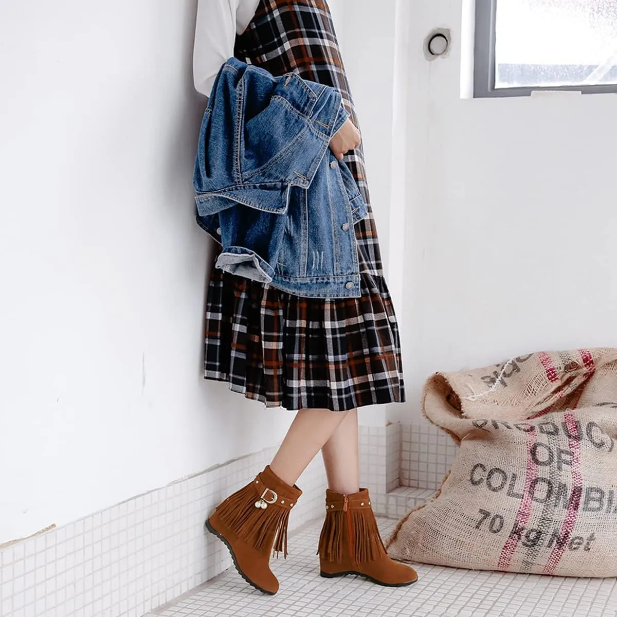 Ciuyurra Casual Fringe Boots Mid Calf Wedge Heels Booties Wide Calf