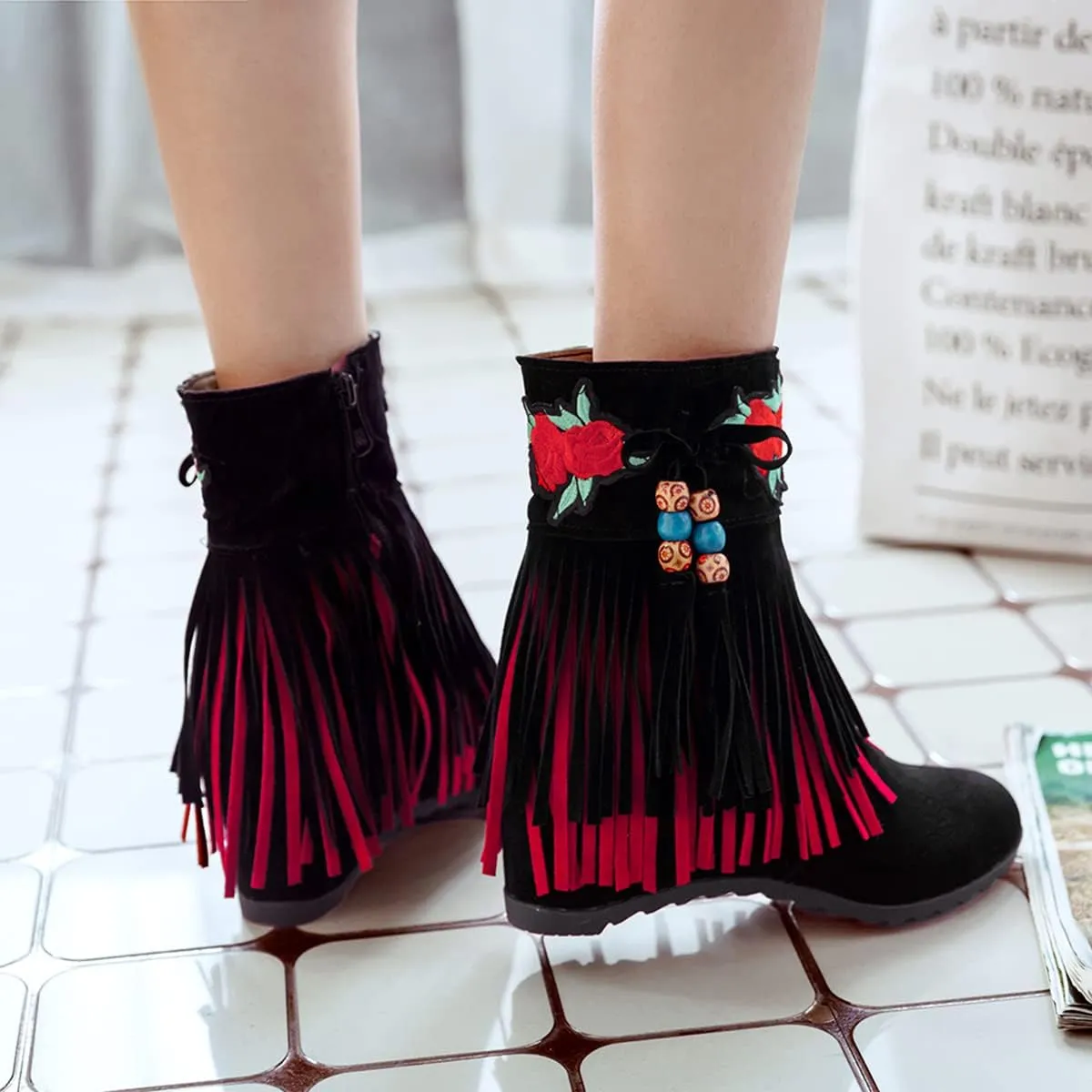 Ciuyurra Casual Fringe Boots Mid Calf Wedge Heels Booties Wide Calf