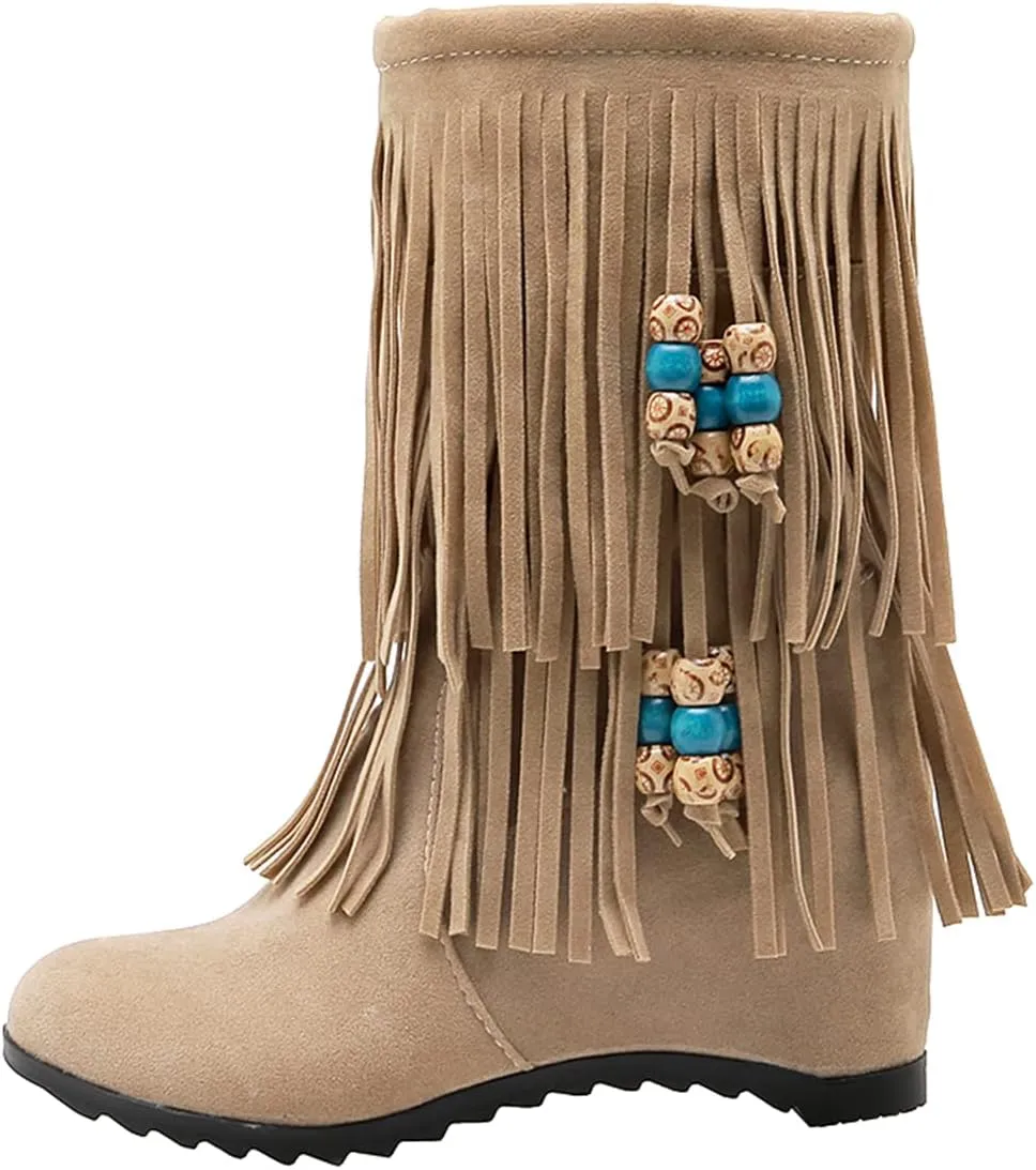 Ciuyurra Casual Fringe Boots Mid Calf Wedge Heels Booties Wide Calf