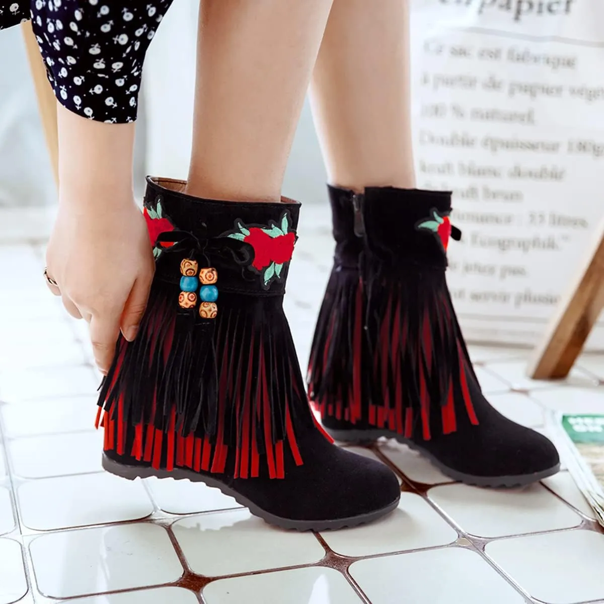 Ciuyurra Casual Fringe Boots Mid Calf Wedge Heels Booties Wide Calf