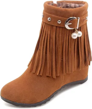 Ciuyurra Casual Fringe Boots Mid Calf Wedge Heels Booties Wide Calf