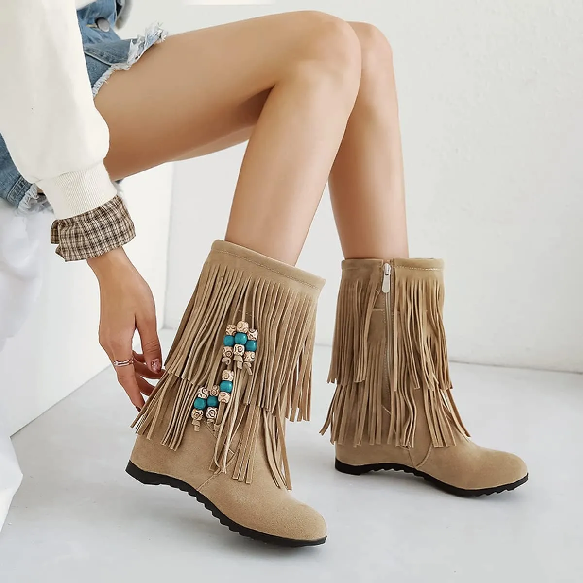 Ciuyurra Casual Fringe Boots Mid Calf Wedge Heels Booties Wide Calf