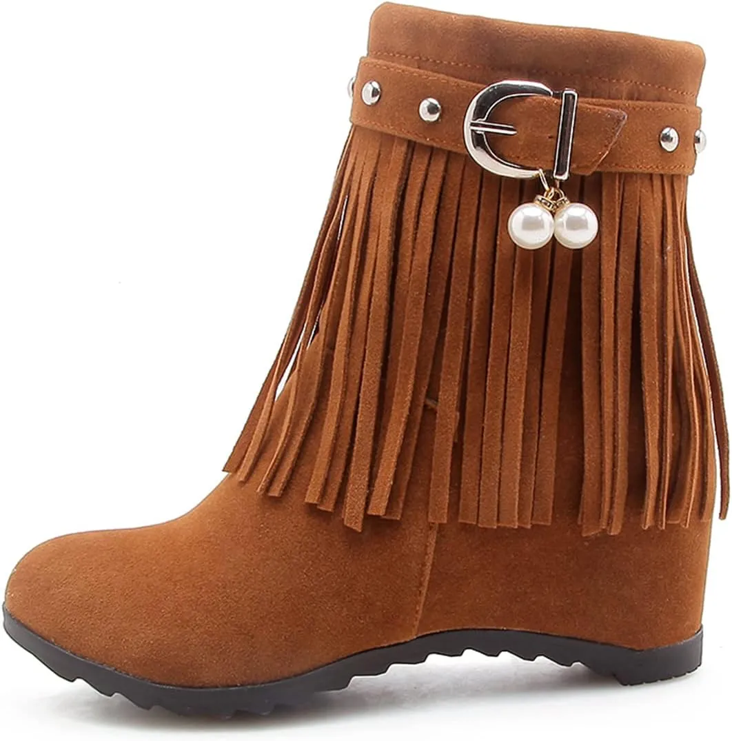 Ciuyurra Casual Fringe Boots Mid Calf Wedge Heels Booties Wide Calf