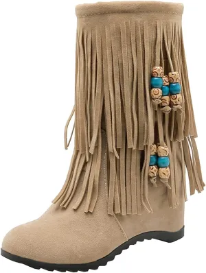 Ciuyurra Casual Fringe Boots Mid Calf Wedge Heels Booties Wide Calf