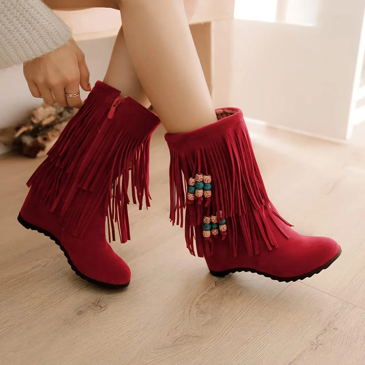 Ciuyurra Casual Fringe Boots Mid Calf Wedge Heels Booties Wide Calf