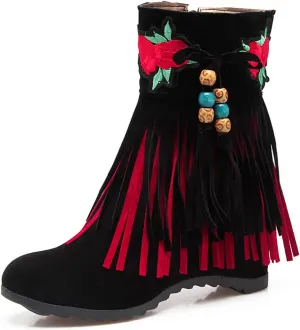 Ciuyurra Casual Fringe Boots Mid Calf Wedge Heels Booties Wide Calf