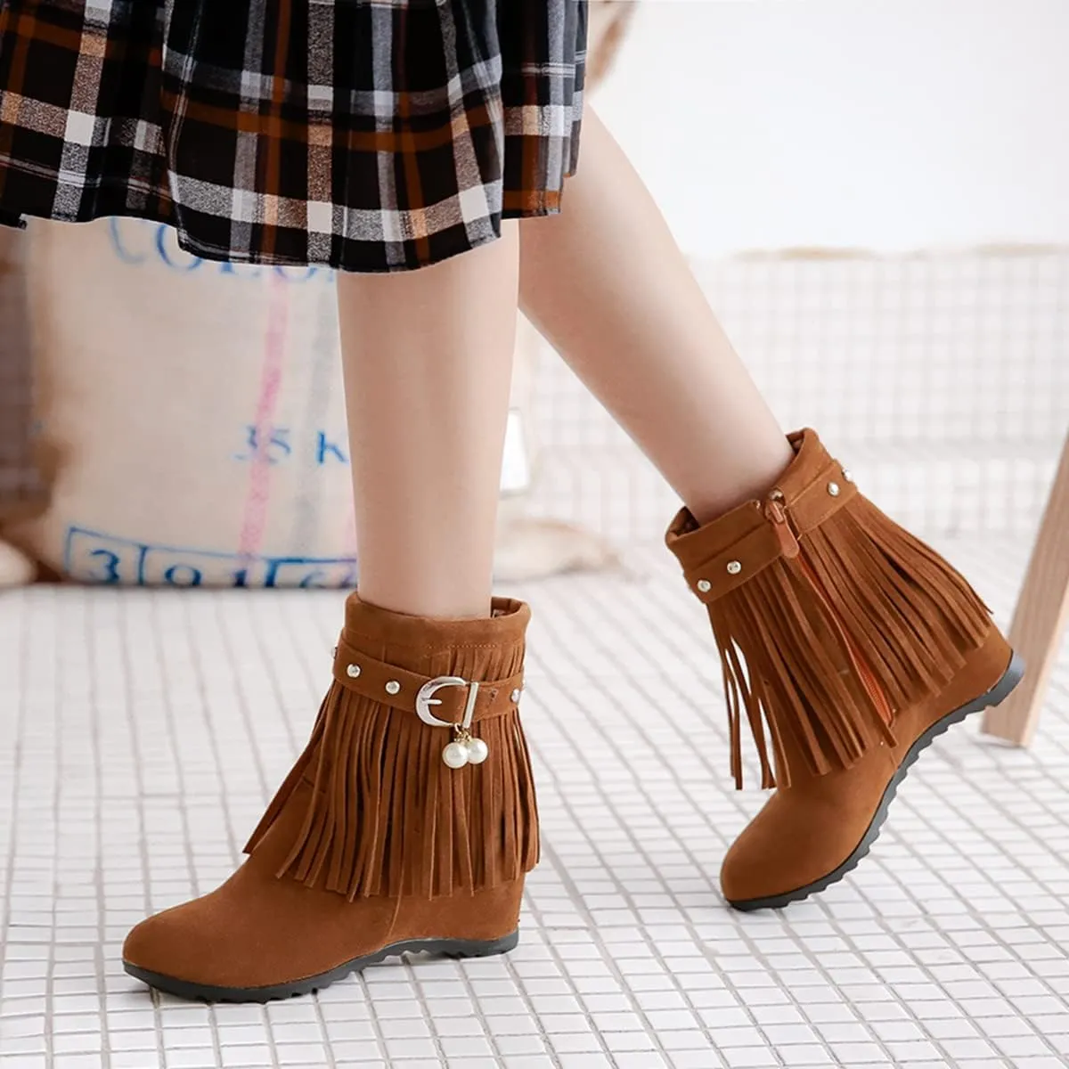 Ciuyurra Casual Fringe Boots Mid Calf Wedge Heels Booties Wide Calf