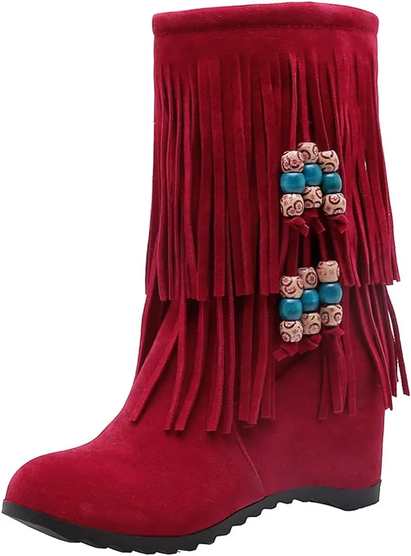 Ciuyurra Casual Fringe Boots Mid Calf Wedge Heels Booties Wide Calf