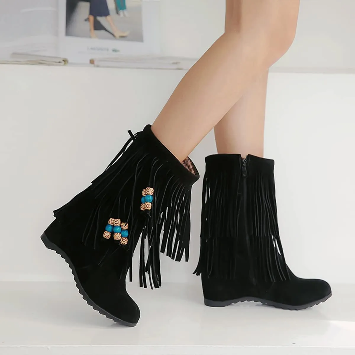 Ciuyurra Casual Fringe Boots Mid Calf Wedge Heels Booties Wide Calf