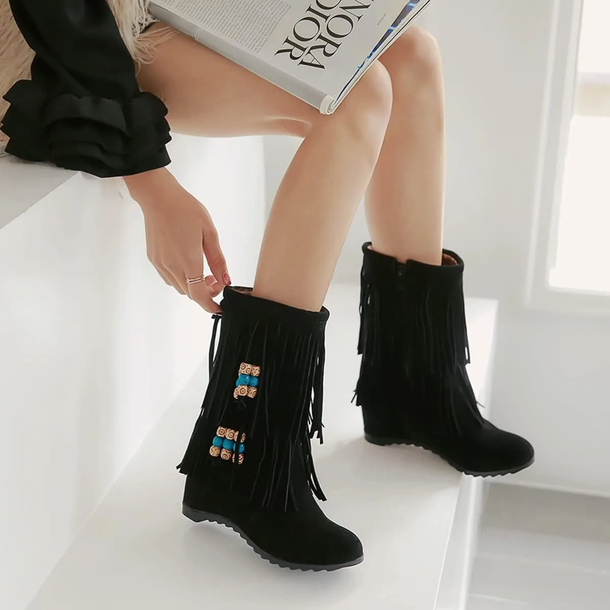 Ciuyurra Casual Fringe Boots Mid Calf Wedge Heels Booties Wide Calf