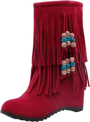 Ciuyurra Casual Fringe Boots Mid Calf Wedge Heels Booties Wide Calf