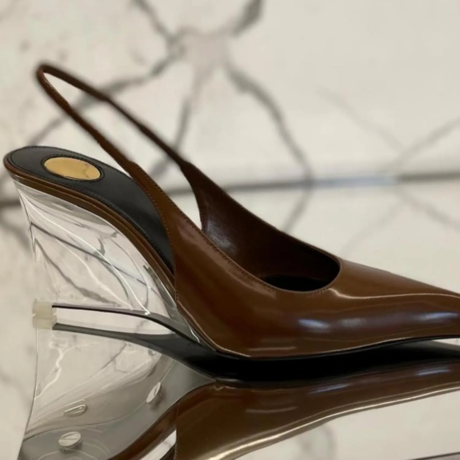 Clear Wedge Heels for Women, Square Closed Toe Slingback Heels Sexy Patent Leather Slip On Office Dress Pumps Shoes