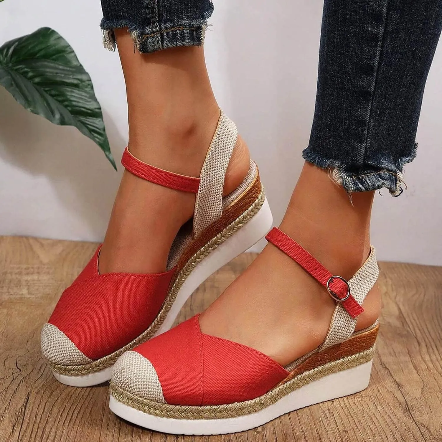 Closed Toe Wedges for Women, Summer Espadrille Heel Platform Wedge Sandals Canvas Ankle Strap Closed Toe Sandals Women Dressy 2025 Comfortable Casual Low Heel Strappy Sandals