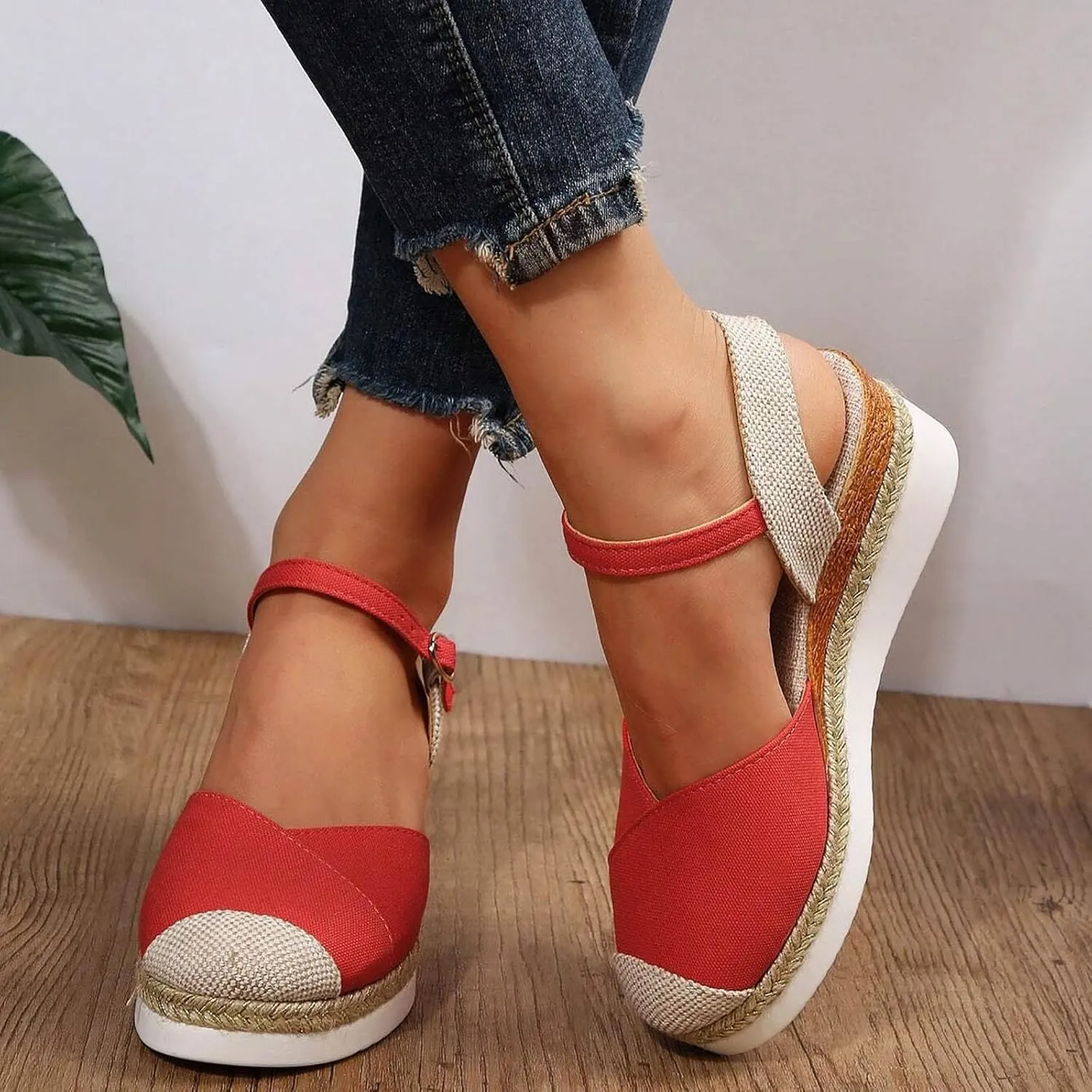 Closed Toe Wedges for Women, Summer Espadrille Heel Platform Wedge Sandals Canvas Ankle Strap Closed Toe Sandals Women Dressy 2025 Comfortable Casual Low Heel Strappy Sandals