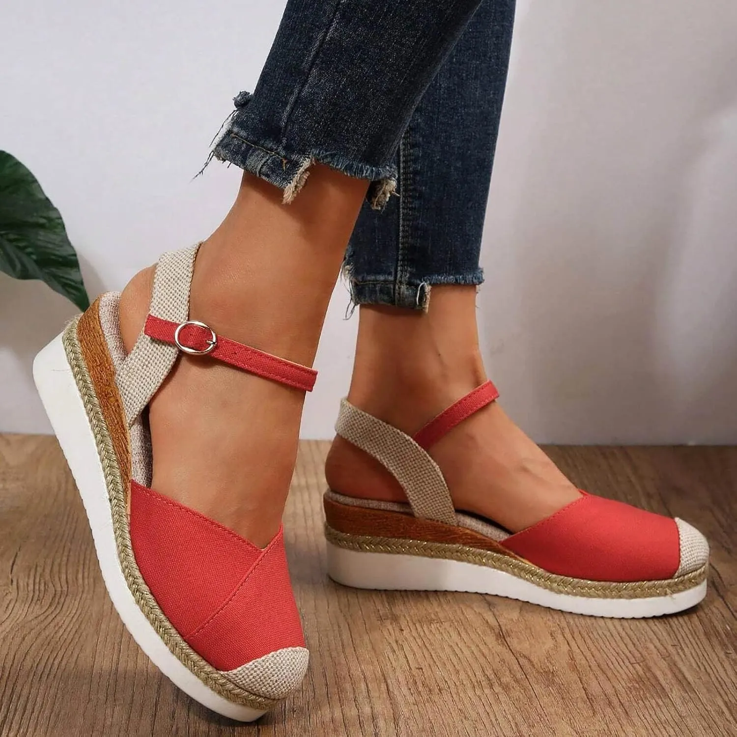 Closed Toe Wedges for Women, Summer Espadrille Heel Platform Wedge Sandals Canvas Ankle Strap Closed Toe Sandals Women Dressy 2025 Comfortable Casual Low Heel Strappy Sandals
