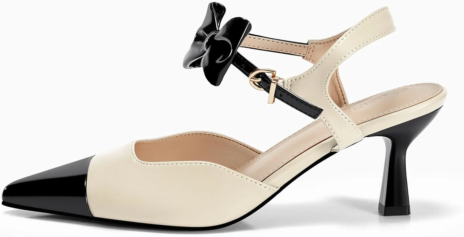 Coutgo Womens Kitten Heels Dress Shoes Closed Pointed Toe Ankle Strap Bow Pumps
