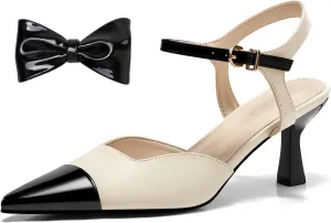 Coutgo Womens Kitten Heels Dress Shoes Closed Pointed Toe Ankle Strap Bow Pumps