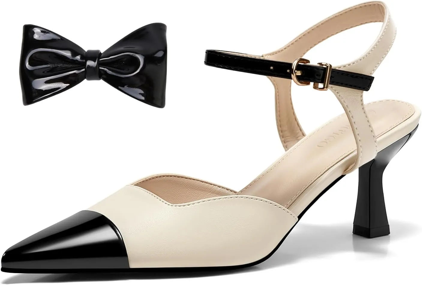 Coutgo Womens Kitten Heels Dress Shoes Closed Pointed Toe Ankle Strap Bow Pumps